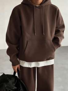 DAZY Men's Solid Color Hoodie Set With Thermal Lining, Brown, Autumn/Winter - Coffee Brown - View 3
