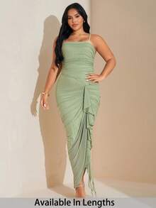 SHEIN Tall CURVE Plus Size Women Solid Color Ruched Patchwork Ruffle Hem Fitted Elegant Camisole Dress - Green - View 1