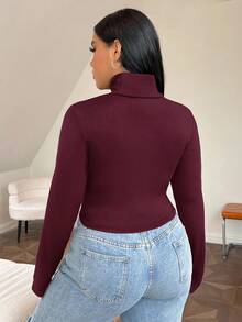 SHEIN EZwear Plus High Neck Thumb Hole Crop Tee Spring Clothes/Winter - Burgundy - View 2