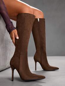 CUCCOO SZL 女士时尚尖头褶皱过膝长靴，细高跟，适合约会和派对 - 棕色 - 查看 2