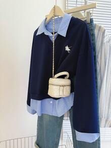 INAWLY Plus Size Casual Patchwork Striped Pullover Sweatshirt, Autumn - Navy Blue - View 3