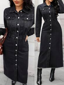 EMERY ROSE 女式翻领长袖单排扣休闲牛仔连衣裙 - 灰色 - 查看 1