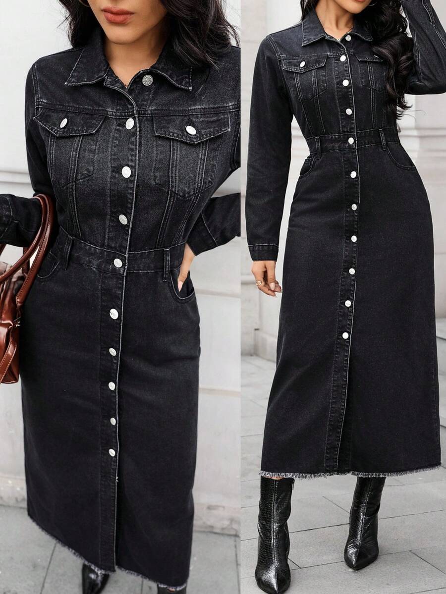 EMERY ROSE 女式翻领长袖单排扣休闲牛仔连衣裙 - 灰色 - 查看 1