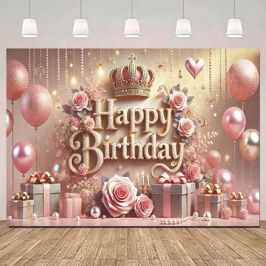 1pc Pink Floral Balloon Birthday Party Background With Crown Pearl Gift Box Design, Princess Birthday Party Background Cloth, Cake Table Decor, Photography Backdrop, Polyester Banner - Apricot - View 1