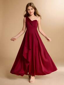 Elegantes Blumen Mädchen-Kleid für Abschluss, Hochzeit, Ball, geeignet für Halloween, Weihnachten, burgunderrotes Satinkleid mit einem Schulterträger, Schleife, rückenfreiem Rücken und Midi-Länge für Tween Mädchen, asymmetrischer Saum, aufgeblähter Prinzessinnen-Stil für den Schulanfang - Bordeaux - Übersicht 1