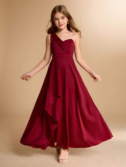 优雅花童礼服，适合毕业典礼、婚礼、舞会，也适合万圣节、圣诞节，酒红色缎面单肩蝴蝶结露背中长连衣裙，适合少女，不对称下摆蓬蓬公主裙，返校季必备