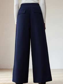 Aveloria Modichic Granatowe, elastyczne, luźne, modne spodnie z szerokimi nogawkami i ozdobnym łańcuchem - Granatowy - Zobacz 2