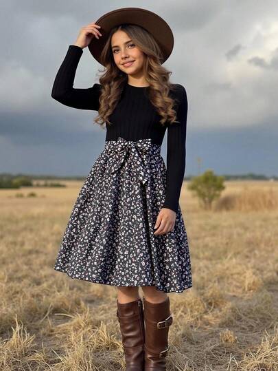 SHEIN 1pc Girls Crew Neck Long Sleeve Ribbed Knit Patchwork Floral Hem Dress, Sweet & Ladylike, Autumn