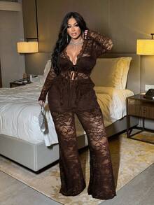 NU&NOW Plus Size Long Sleeve Lace Trim Elegant & Sexy 2 Pieces Set - Coffee Brown - View 3