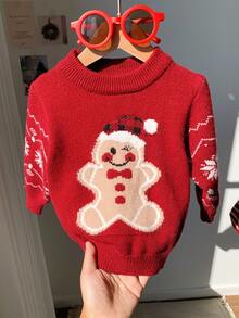 SHEIN Áo len Giáng sinh đỏ Unisex cho bé, Áo chui đầu cổ tròn dệt kim Jacquard hình người bánh gừng và bông tuyết, Quần áo mùa đông dễ thương cho bé, Giáng sinh đầu tiên của tôi - Nhiều màu - Xem 3
