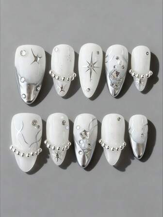 Kawaii 10pcs Halloween Punk Style Star Fake Press On Nails With 3pcs Double-Sided Adhesive, Removable Y2K Silver Hand Painted Nail Stickers, High-Quality Chain Bead Nail Decoration, Suitable For Festivals, Parties, Dancing And Daily Wear