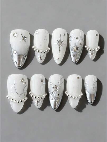 Kawaii 10pcs Halloween Punk Style Star Fake Press On Nails With 3pcs Double-Sided Adhesive, Removable Y2K Silver Hand Painted Nail Stickers, High-Quality Chain Bead Nail Decoration, Suitable For Festivals, Parties, Dancing And Daily Wear