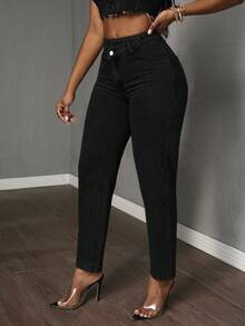 SHEIN Tall CURVE Plus Size Casual Asymmetric Waist Tapered Washed Denim Jeans - Black - View 5