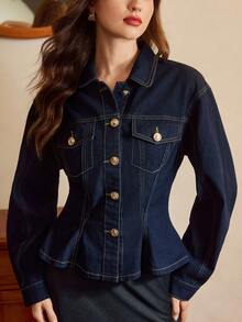 Vintamour 女士修身牛仔外套，四季皆宜，适合圣诞节、新年、感恩节等各种场合，优雅派对外套，金色纽扣细节和修身腰线设计，尽显女性曲线。 - 深色水洗藍 - 查看 3