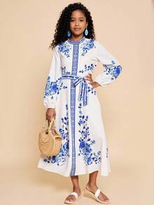 Travachic KIDS Tween Girl Cute & Elegant Blue & White Floral Print Long Sleeve Dress - Multicolor - View 2