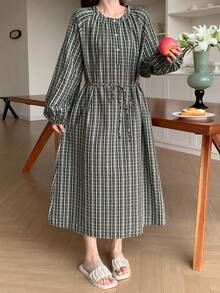 DAZY Plaid Lantern Sleeve Women's Casual Lounge Dress, Winter, Moo Moo Night Dress Pajamas - Green - View 3