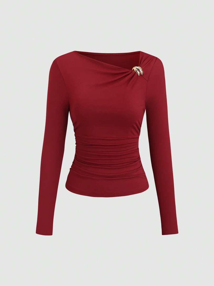 Sweetra 复古美式设计不对称肩部 T 恤，修身修身女式 T 恤，全新秋季系列 - 紅色 - 查看 1