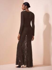 Zivah 2025 春夏新品 音乐节、复活节、圣帕特里克节、西部风、游牧风、生日派对、毕业典礼、学院风、学生风、日常休闲、基本百搭、休闲、邮轮旅行、海滩、日光浴、网络红、街头服饰、婚礼宾客波西米亚风、通勤、早午餐、机场、女士黑色蕾丝半透明长袖褶饰鱼尾长裙 - 棕色 - 查看 2