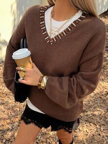 DAZY Suéter casual de mujer con adornos de strass, otoño - Café integral - Ver 5