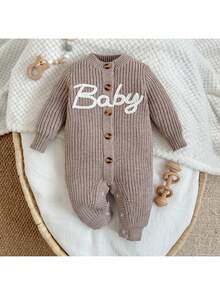 Loomiva Newborn Baby Boy/Girl Letter Pattern Knit Soft Round Neck Long Sleeve Jumpsuit - Multicolor - View 3