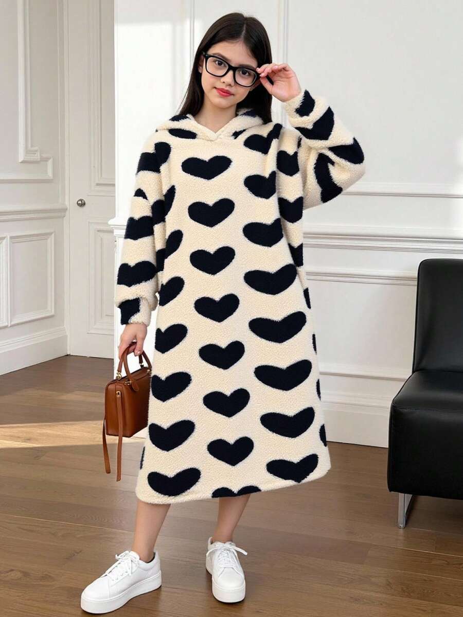 Áo nỉ dài trùm đầu dệt kim hình trái tim cỡ lớn thường ngày cho bé gái tuổi mới lớn - Màu be - Xem 1