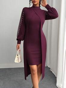 SHEIN Clasi Đầm Maxi Tay Dài Cổ Tròn Phối Lưới Trang Trí Bong Bóng Thanh Lịch Cho Nữ - Màu hồng gỉ - Xem 4