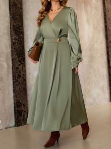 Roveilla Đầm dài tay chữ A cổ chữ V phối ren satin, eo thắt khóa kim loại, thanh lịch, lãng mạn, phù hợp mặc đi làm, thường ngày, phong cách đường phố, nơi làm việc, mùa thu/đông - xanh quân đội - Xem 7