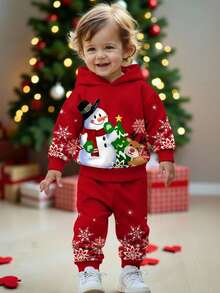 SHEIN Set de 2 sudaderas con capucha de manga larga de ajuste holgado con gráficos de muñeco de nieve, dibujos animados y renos, para niños pequeños, cálidas y cómodas, adecuadas para otoño/invierno - Multicolor - Ver 1