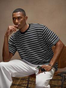 AKNOTIC 3 件装男士休闲条纹圆领短袖宽松 T 恤，夏季 - 黑色 - 查看 6