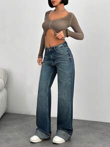 EURMUSE Women's Mid-Rise Washed Comfortable Breathable Slant Pocket Loose Wide-Leg Jeans - Medium Wash - View 4