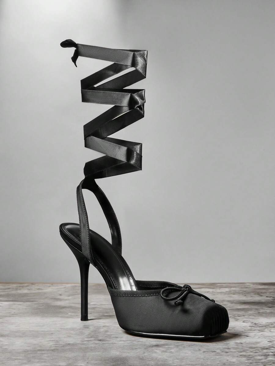 SHUZIA 全新时尚女士黑色芭蕾踝带蕾丝高跟鞋封闭式方头性感假日秋冬鞋 - 黑色 - 查看 1