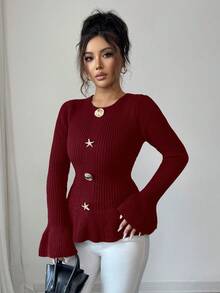 Selianne Women's Elegant Metal Buckle Cuff & Ruffle Hem Design Long Sleeve Sweater, Autumn/Winter - Burgundy - View 3