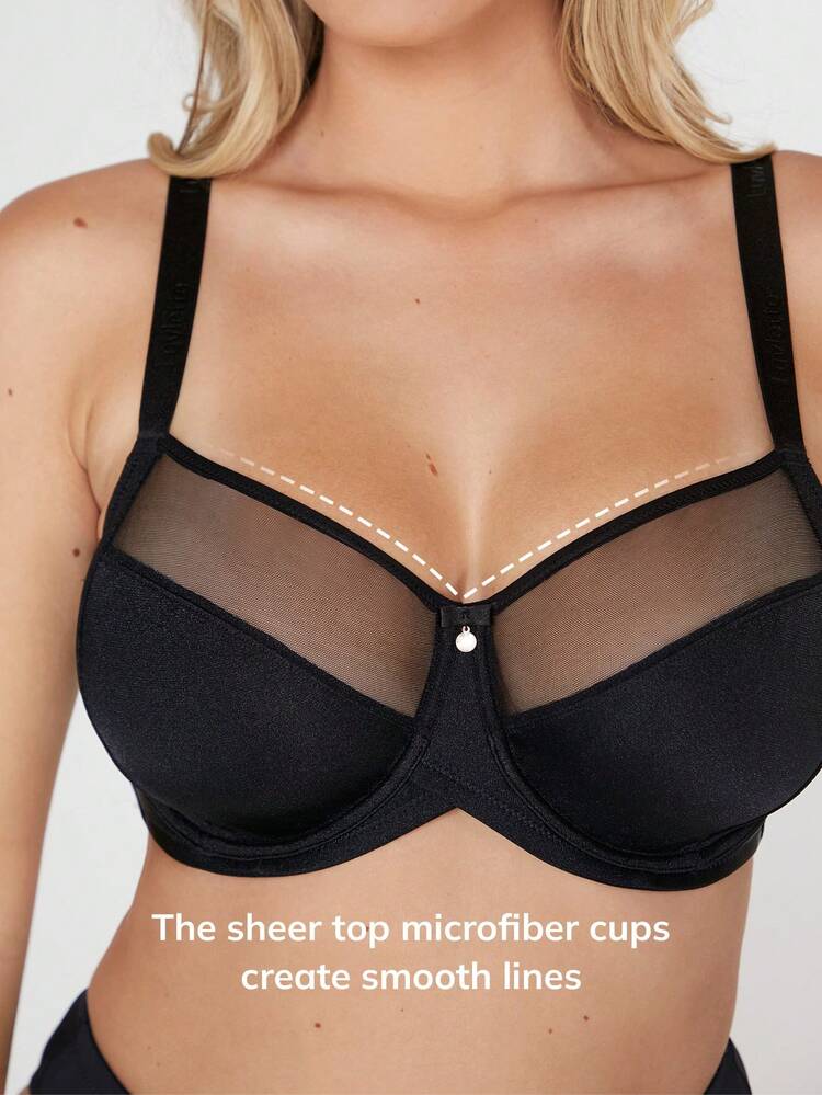 Black Unlined Full Coverage Side Support Mesh Sheer Basic Breezy Comfort Minimizer Bra