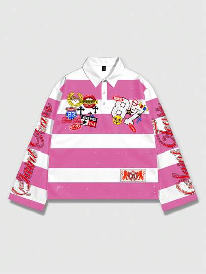 Prep Camiseta polo de manga larga con estampado y rayas para hombre, estilo universitario casual