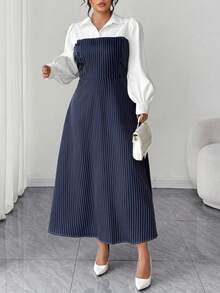 Elenzga Plus Size Women's Elegant Commuter Blue & White Striped Patchwork Collar Single-Breasted Bowknot Design Long Sleeve Puff Sleeve Maxi Fitted Shirt Dress, Spring/Autumn - Multicolor - View 6