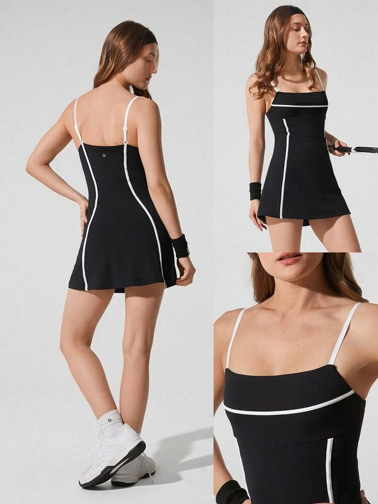 Abito FeatherFit™-Air con spalline a spaghetti regolabili, in colore a contrasto e linea A, adatto per tennis, golf, pickleball e uso casual quotidiano a basso impatto