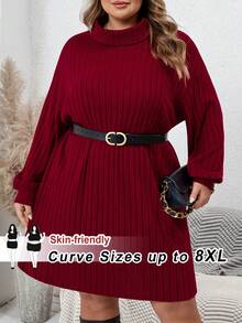 SHEIN CURVE+ 大码休闲简约高领罗纹拉绒红色毛衣裙，适合休闲装和圣诞节 - 酒紅色 - 查看 5