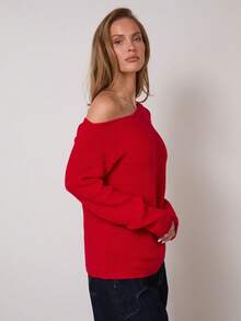 COSMINA Christmas Sweater Women's Solid Color Oblique Shoulder Long Sleeve Casual Red Sweater, Autumn/Winter New Near 2026 Red Off Shoulder Top, Off Shoulder Sweater - Red - View 5