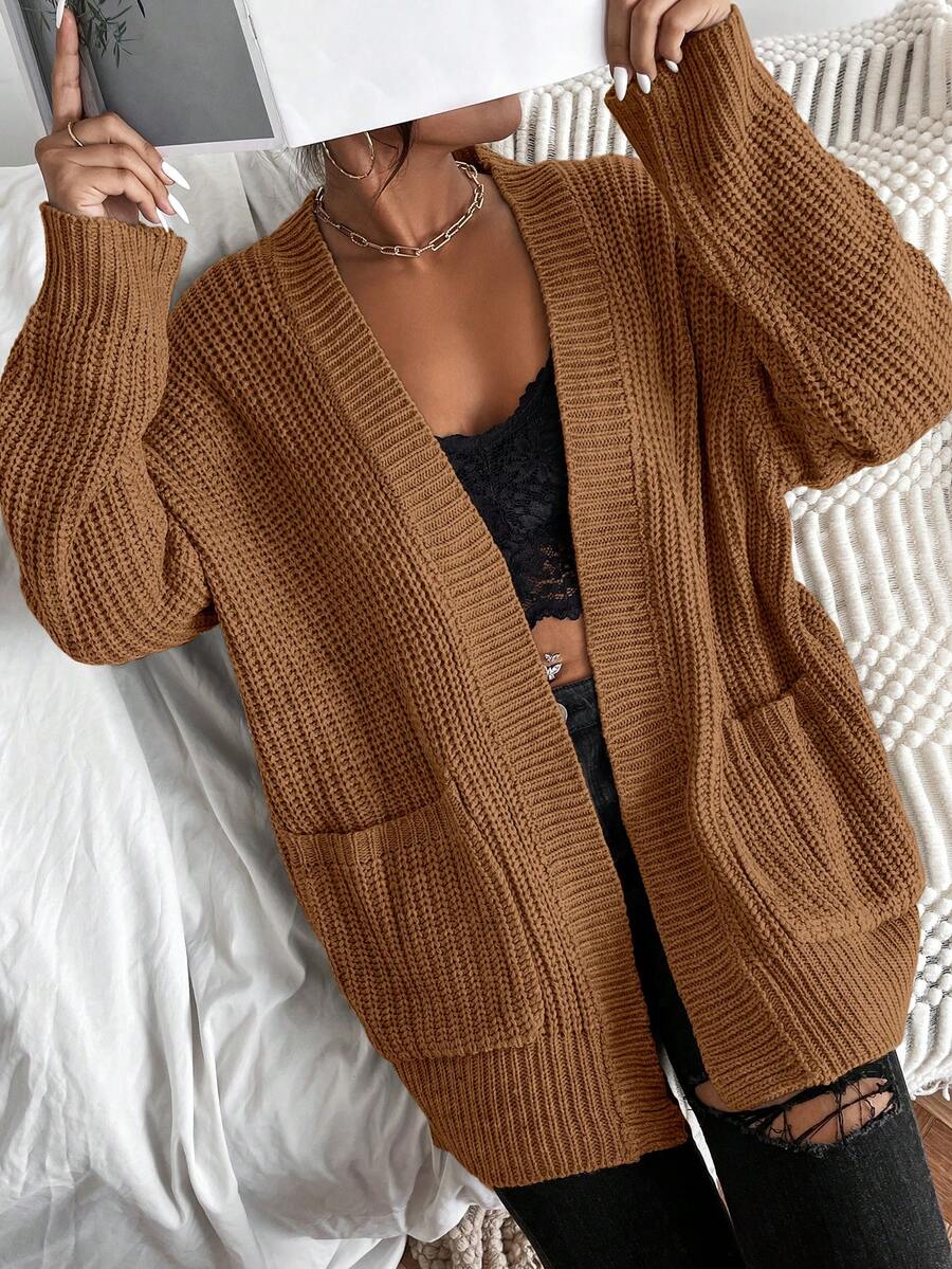 EMERY ROSE Casual Solid Color Front Cardigan With Pockets, Autumn/Winter - Mocha Brown - View 1