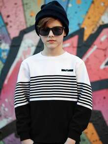 Explorewe Tween Boy Casual Stylish Minimalist Striped Pattern Print Pullover Sweatshirt, Comfortable & Warm For Boys In Autumn/Winter Fall - Multicolor - View 3