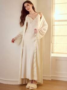 MOTF PREMIUM JACQUARD SATIN PATCHWORK LACE ELEGANT BELTED ROBE & MERMAID HEM SLIP SLEEP DRESS PAJAMA SET - Apricot - View 4