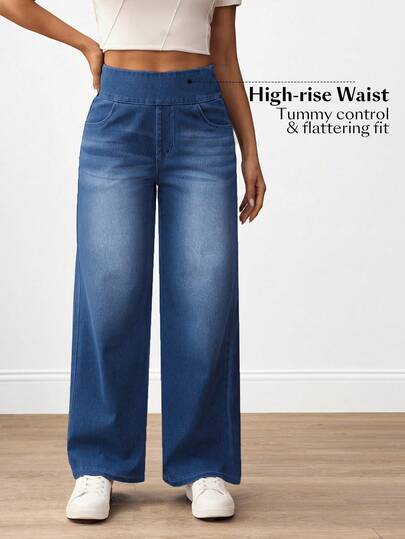 Flexra Plus Size Casual Washed High Waist Straight Leg Jeans,Tummy Control Wide Leg Navy Blue Summer Smart Casual Vacation Fall Clothes For Women Stretch