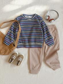 PrepCrw 2 件套年轻男孩优雅都市校园风格蓝、白、红条纹圆领长袖针织运动衫和卡其裤套装，适合休闲、郊游、聚会、圣诞节、秋冬季 - 彩色 - 查看 1