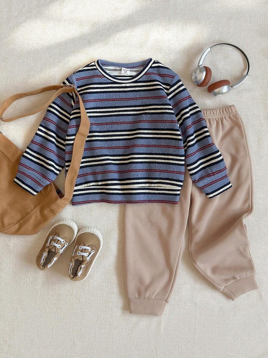 PrepCrw 2 件套年轻男孩优雅都市校园风格蓝、白、红条纹圆领长袖针织运动衫和卡其裤套装，适合休闲、郊游、聚会、圣诞节、秋冬季 - 彩色 - 查看 1