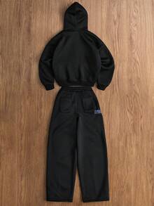 TOKVUE Set di felpa con cappuccio basic con doppia tasca e doppia zip e pantaloni larghi a gamba ampia, stile di strada popolare, adatto per uso quotidiano, regalo per fidanzato/marito, anniversario, outfit nero, per l'inverno - nero - Visualizzare 3