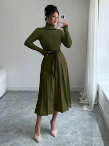 SHEIN Elenzya 女士优雅修身高领撞色滚边罗纹纹理荷叶边下摆毛衣连衣裙，秋冬款 - 軍綠色 - 查看 3