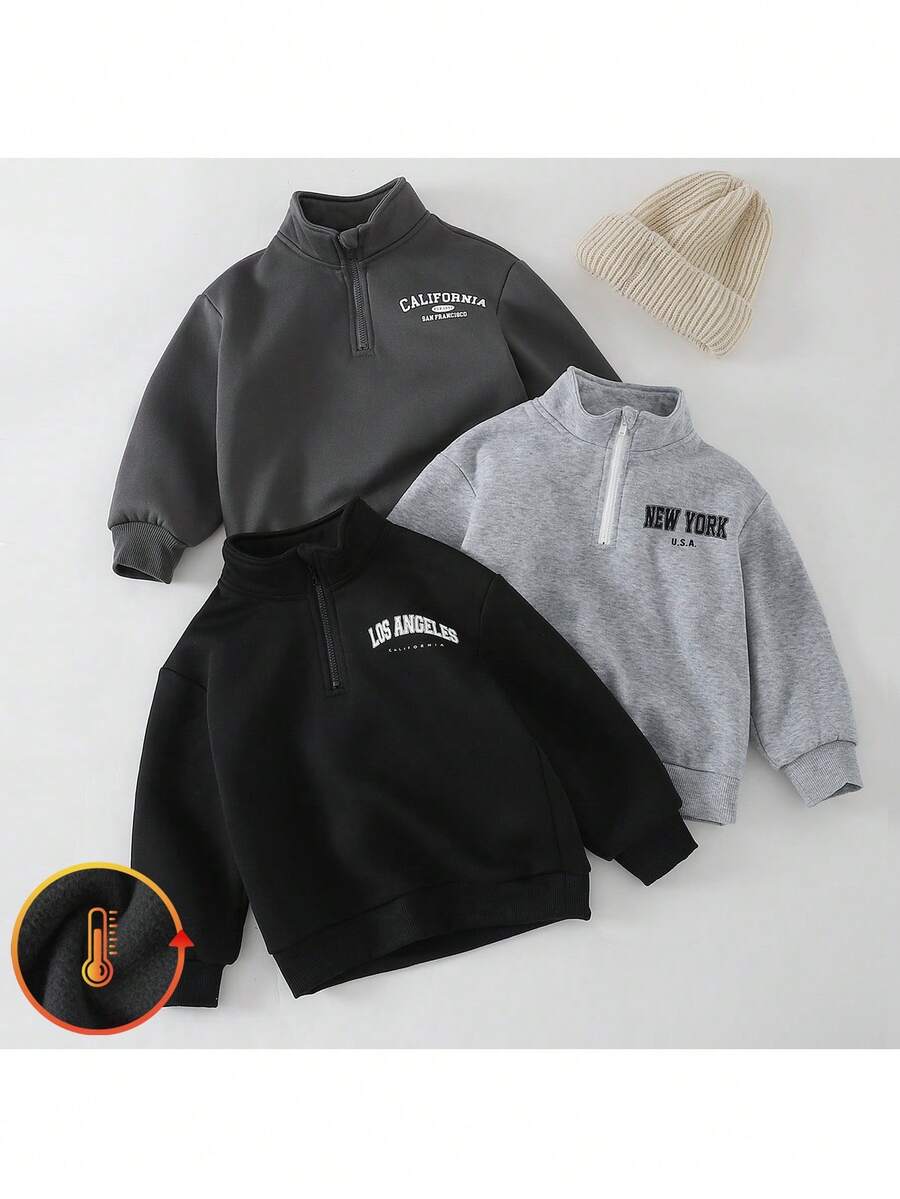 THE HAPPY LOOK 3pcs/Set Boys' Letter Graphic Soft Knit Crew Neck Long Sleeve Half-Zip Pullover Sweatshirt - Multicolor - View 1