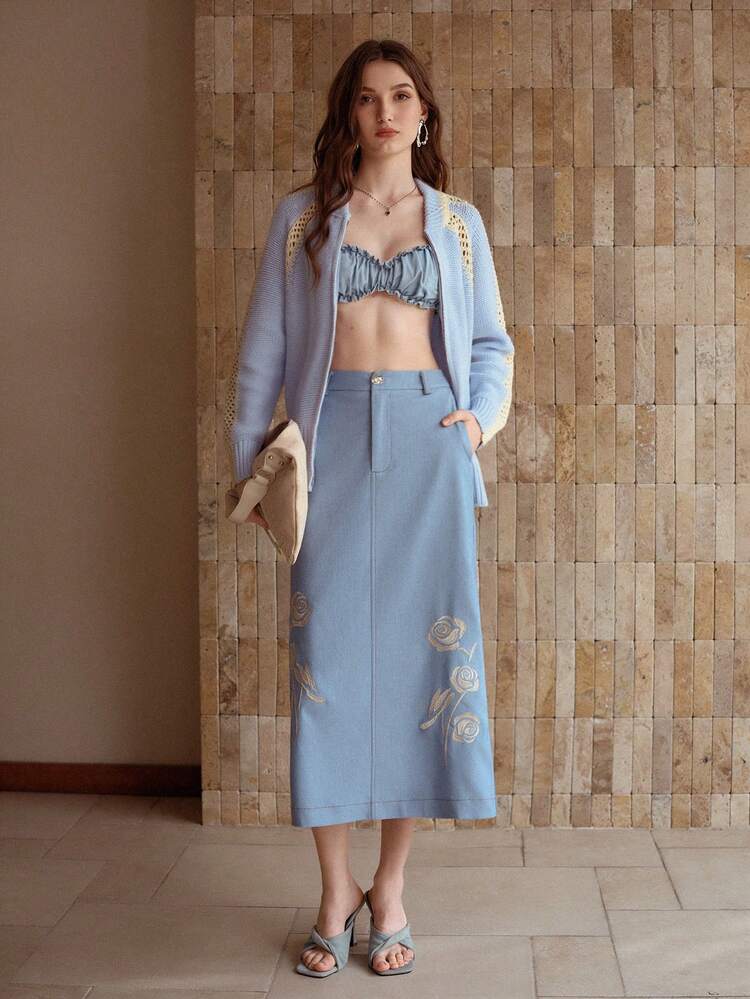 WOMEN'S EMBROIDERED A-LINE SKIRT WITH SPLIT