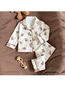 Loomiva Newborn Baby Girl Cartoon Bear Pattern Lapel Long Sleeve Cardigan Shirt And Elastic Waist Pants 2 Pieces Set Baby Teddy Bear Outfit Pajama Baby Set Baby Unisex Clothes Sets Baby Pj Set Neutral Baby Clothes Unisex - Multicolor - View 1