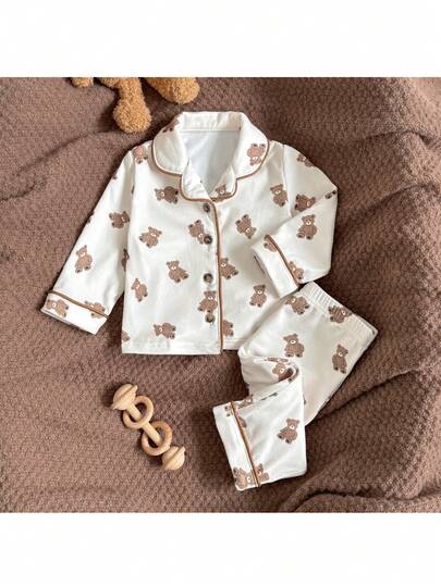 Loomiva Newborn Baby Girl Cartoon Bear Pattern Lapel Long Sleeve Cardigan Shirt And Elastic Waist Pants 2 Pieces Set Baby Teddy Bear Outfit Pajama Baby Set Baby Unisex Clothes Sets Baby Pj Set Neutral Baby Clothes Unisex